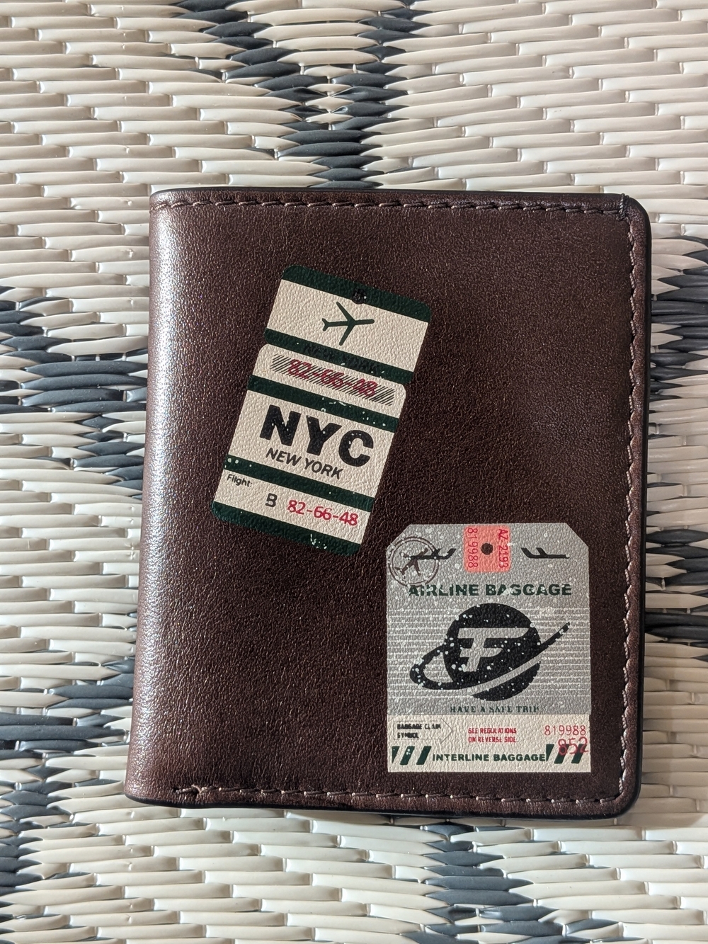 Authentic Fossil Men's Leather Bifold Passcase Wallet - Vintage Aviation Graphic